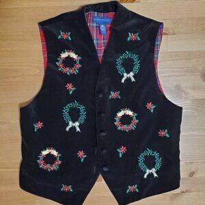 KAREN SCOTT Black Velvet Christmas Wreath & Holly Embroidered Vest Small
